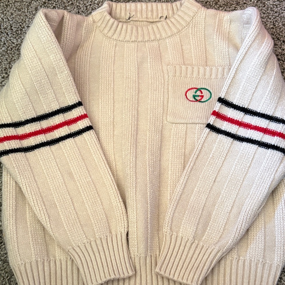 Cream Ribbed Crewneck Sweater with Red and Black Stripe Accents